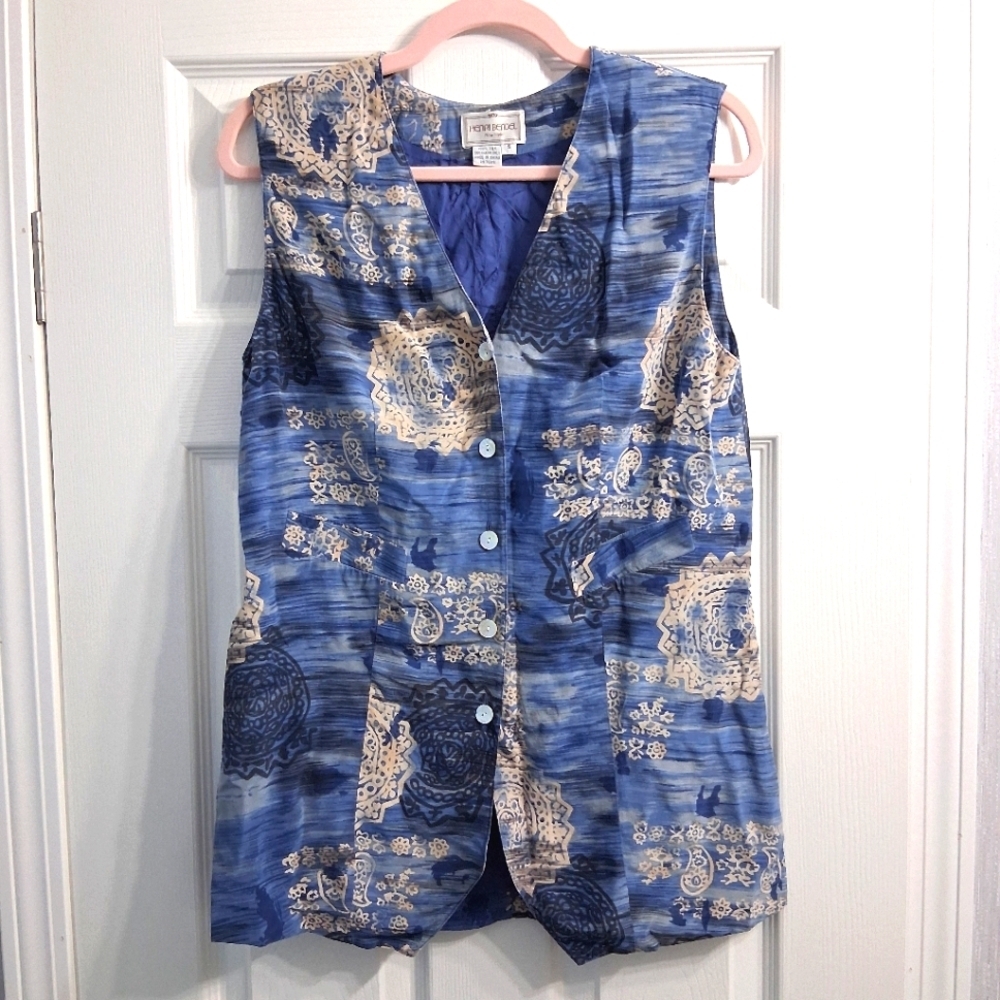 Vintage Henri Bendel Silk Vest Blue Boho Pattern Mother Of Pearl Buttons Artist
